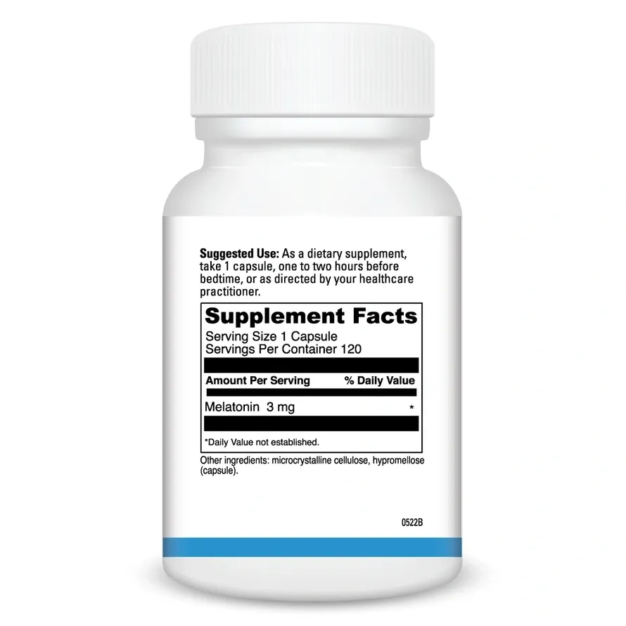 White bottle of melatonin supplement capsules.