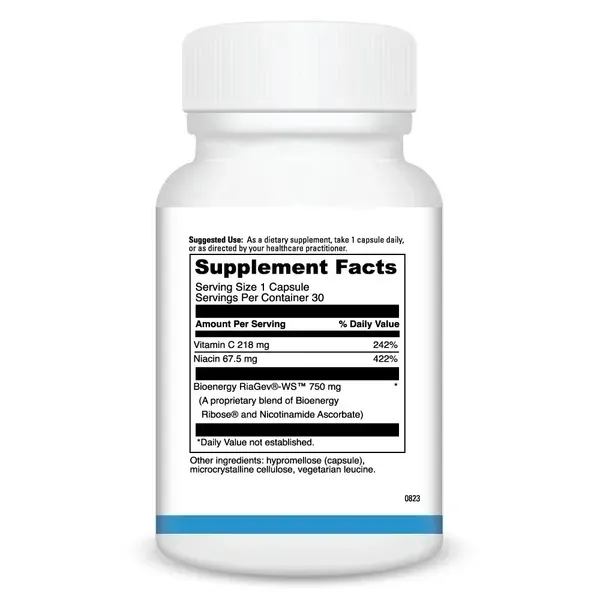 White supplement bottle with nutrition facts label.