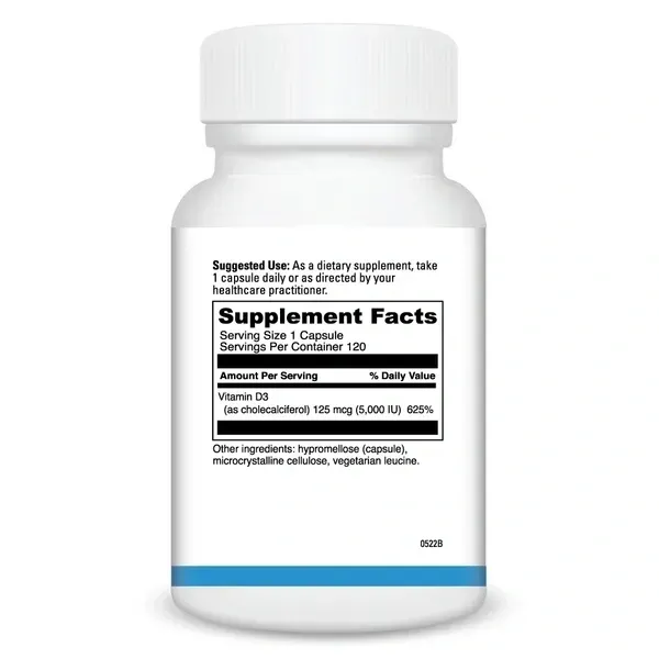 Vitamin D3 supplement bottle with label details.